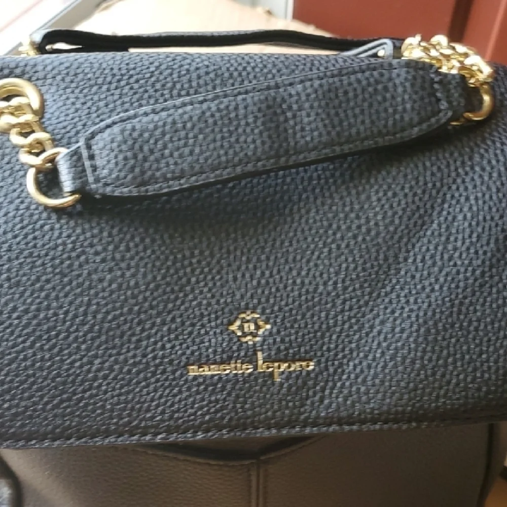 Nanette Lepore Black Leather Texture Convertabile Bag Or Backpack with Gold Logo